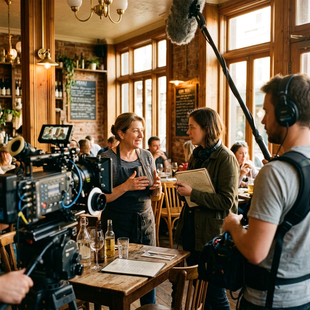 Documentary film production inside a sunlit culinary studio