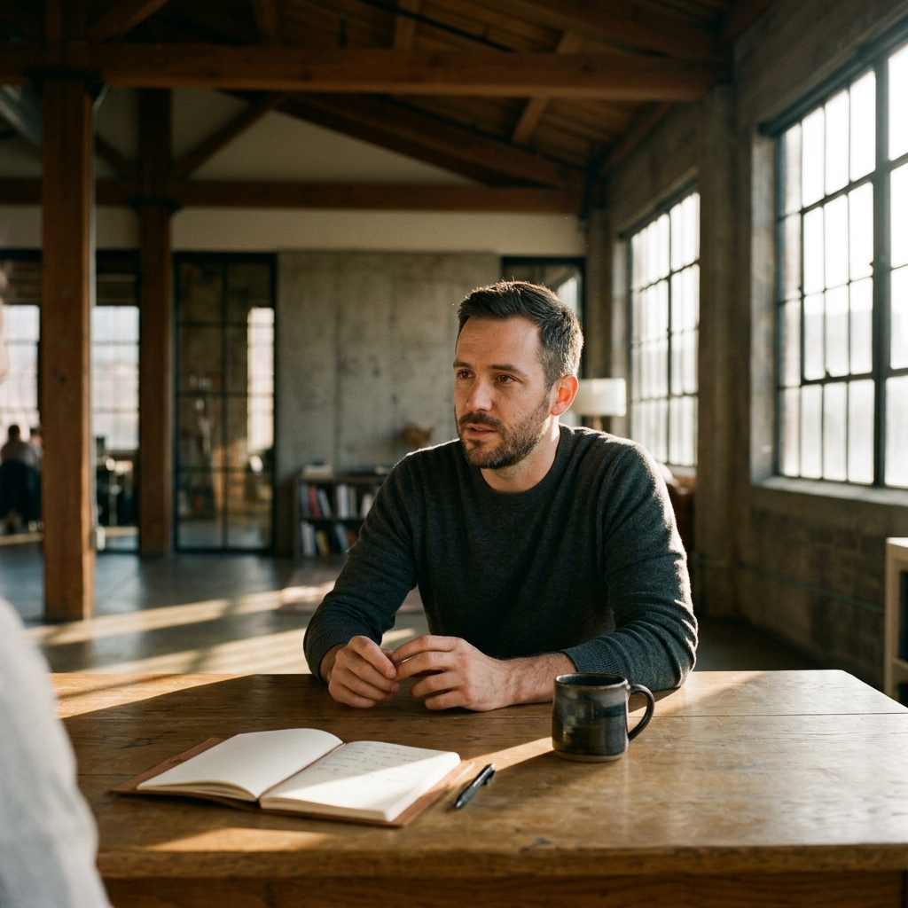 MCE strategic session with a founder in a daylight studio