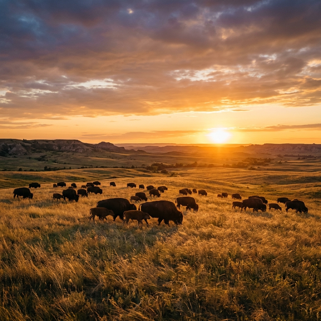 Prairie grasslands with bison herd at sunset
